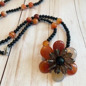 Long Brown Gemstone 💎 Beaded Flower Necklace